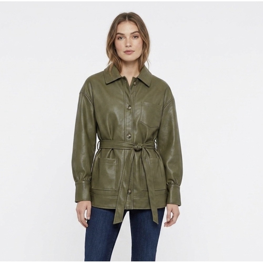 Bagatelle Collection Womens Belted Faux Leather Jacket Sz Small Green Pockets